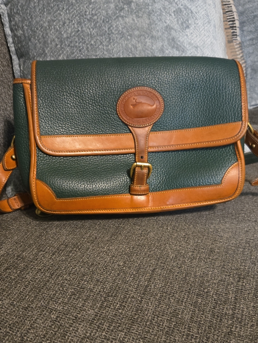 Vintage Dooney & Bourke Surrey crossbody bag made from forest green and tan Leat